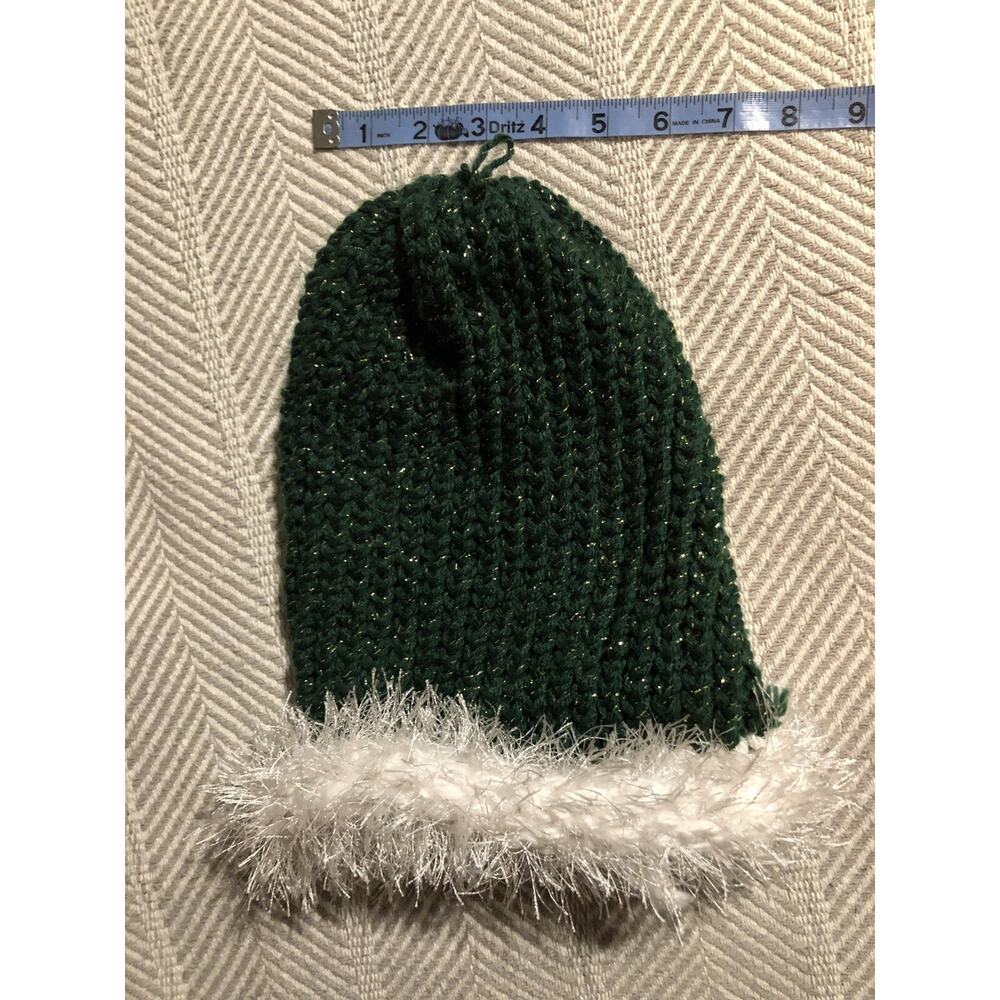 Hand Knitted Beanie Sock Hat Chunky Green White Trim Fuzzy Christmas Santa Elf - Picture 3 of 4